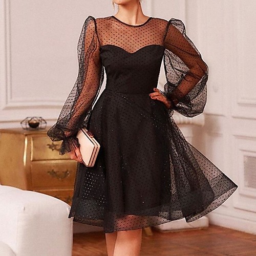 

Women's A Line Dress Black Long Sleeve Solid Color Mesh Round Neck M L XL XXL 3XL