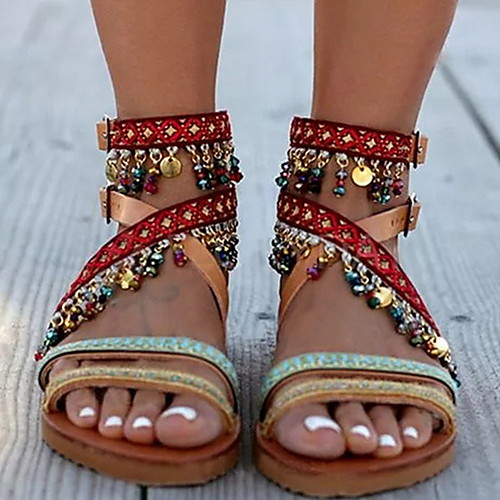 

Women's Sandals Flat Sandal Tropezienne Sandals Summer Flat Heel Open Toe Casual Boho Daily Beach Tassel Color Block PU Brown