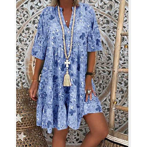 

Women's Shift Dress Short Mini Dress Blue Blushing Pink Orange Green Half Sleeve Print V Neck S M L XL XXL 3XL