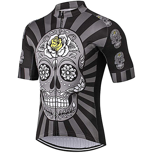 

21Grams Men's Short Sleeve Cycling Jersey Spandex Grey Skull Floral Botanical Bike Jersey Top Mountain Bike MTB Road Bike Cycling UV Resistant Quick Dry Breathable Sports Clothing Apparel / Stretchy