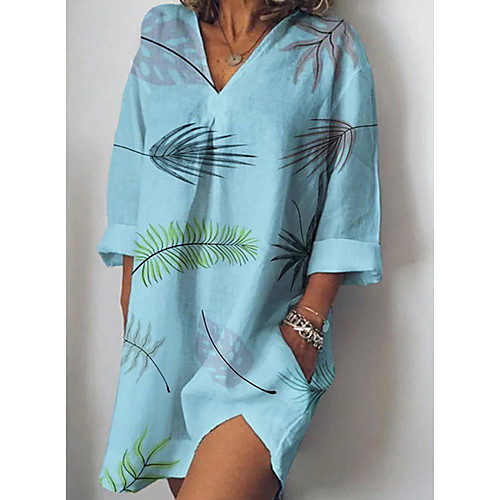 

Women's Shift Dress - 3/4 Length Sleeve Print V Neck Loose White Blue Yellow S M L XL XXL XXXL XXXXL XXXXXL