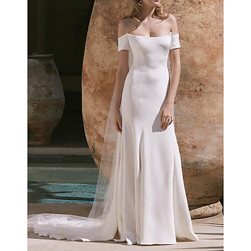 

A-Line Wedding Dresses Off Shoulder Court Train Satin Sleeveless Country Plus Size with Draping 2021