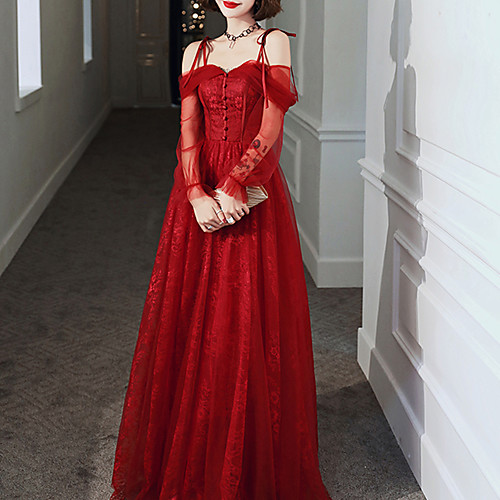 

A-Line Elegant Party Wear Prom Dress Off Shoulder Long Sleeve Floor Length Tulle with Buttons 2021