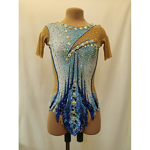

21Grams Rhythmic Gymnastics Leotards Artistic Gymnastics Leotards Women's Girls' Leotard Blue Spandex High Elasticity Breathable Handmade Jeweled Diamond Look Short Sleeve Training Dance Rhythmic