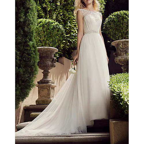 

A-Line Wedding Dresses Jewel Neck Court Train Tulle Polyester Sleeveless Country Plus Size with Draping Appliques 2021