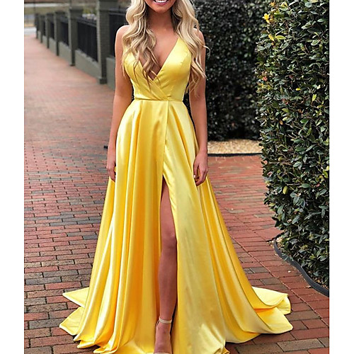 

A-Line Empire Prom Formal Evening Dress V Neck Sleeveless Sweep / Brush Train Charmeuse with Pleats Split 2021