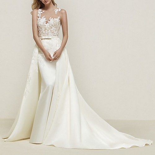 

Mermaid / Trumpet Wedding Dresses Jewel Neck Court Train Tulle Sleeveless Formal Detachable with Appliques 2020