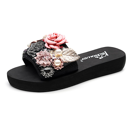 

Women's Slippers & Flip-Flops Boho / Beach Flat Heel Open Toe Imitation Pearl / Satin Flower / Stitching Lace Polyester Classic / Casual Walking Shoes Summer Red / Pink / Light Grey / Party & Evening