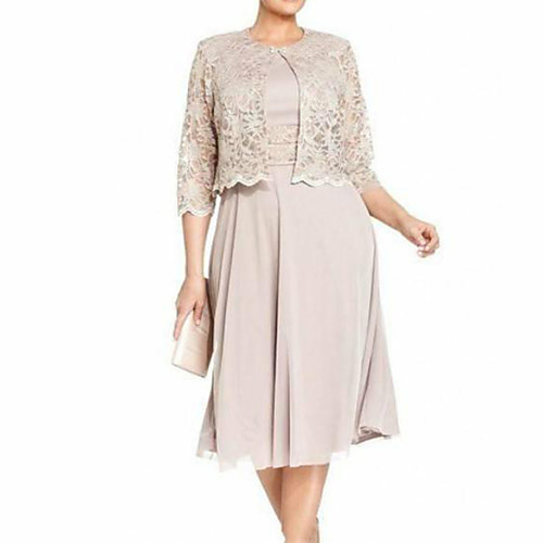 

Sheath / Column Mother of the Bride Dress Elegant Jewel Neck Tea Length Lace Polyester 3/4 Length Sleeve with Lace 2021