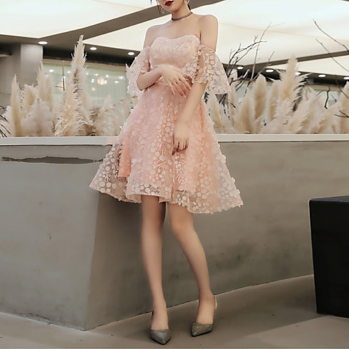 

A-Line Sexy Cocktail Party Prom Dress Strapless Short Sleeve Knee Length Lace Tulle with Pattern / Print Appliques 2021