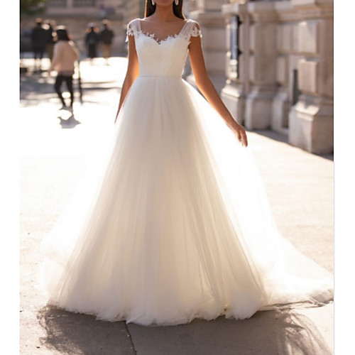 

A-Line Wedding Dresses V Neck Floor Length Polyester Sleeveless Country Illusion Detail Plus Size with Draping 2021