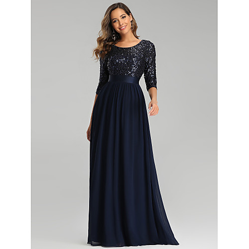 

A-Line Elegant Wedding Guest Formal Evening Dress Jewel Neck 3/4 Length Sleeve Floor Length Tulle Sequined with Sequin 2021