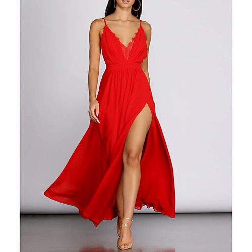 

A-Line Sexy Holiday Prom Dress V Neck Sleeveless Floor Length Polyester with Pleats Split 2021