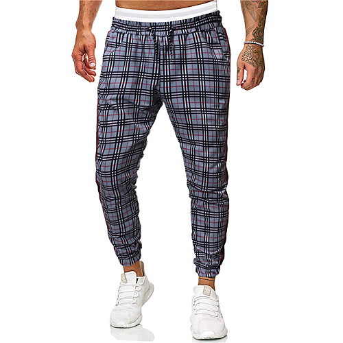 

Men's Sporty Jogger Pants Plaid Full Length Stripe Dark Gray