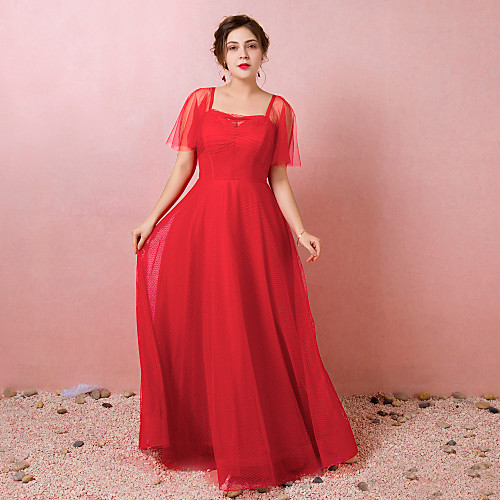 

A-Line Plus Size Engagement Formal Evening Dress Illusion Neck Half Sleeve Floor Length Lace Satin Tulle with Ruched 2021