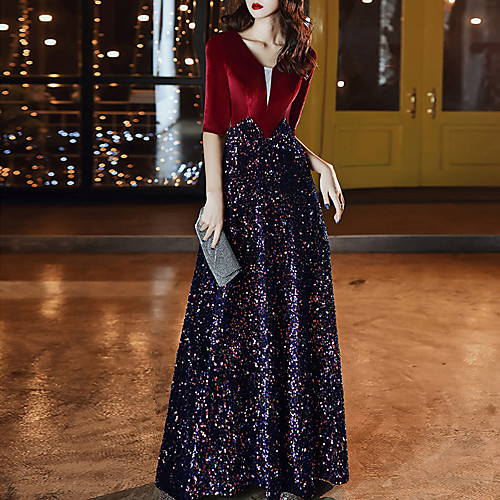 

A-Line Glittering Prom Formal Evening Dress V Neck Half Sleeve Floor Length Sequined Velvet with Sequin 2021