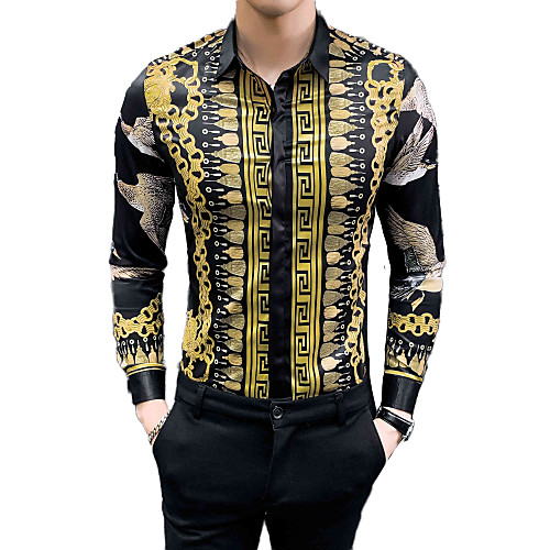 

Men's Geometric Color Block Print Slim Shirt Sexy Street chic Daily Going out Classic Collar White / Black / Long Sleeve