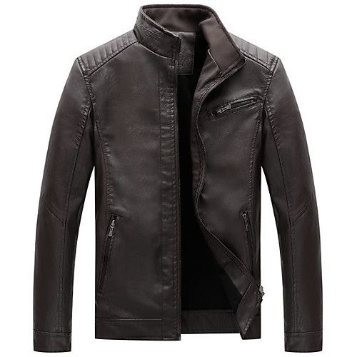 

Men's Daily / Weekend Fall / Winter Plus Size Regular Jacket, Solid Colored Stand Long Sleeve PU Black / Camel / Brown