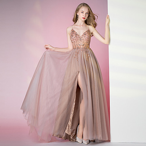 

A-Line Luxurious Prom Formal Evening Dress Spaghetti Strap Sleeveless Floor Length Tulle with Crystals Beading 2021