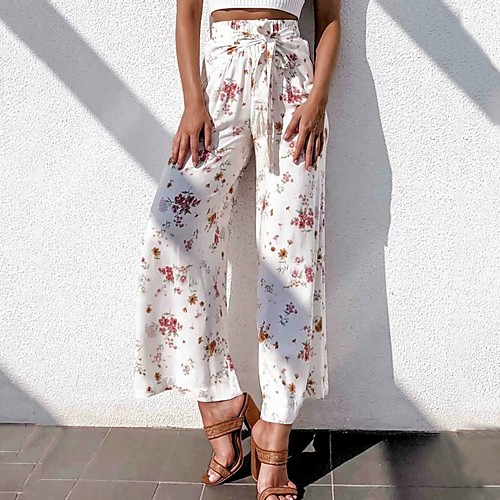 

Women's Basic Loose Wide Leg Pants - Floral White S / M / L