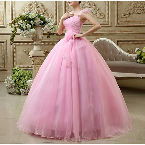 

Ball Gown Luxurious Pink Engagement Prom Dress One Shoulder Sleeveless Floor Length Polyester with Draping 2020