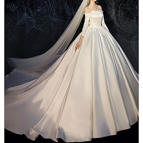 

Ball Gown Wedding Dresses Off Shoulder Watteau Train Satin 3/4 Length Sleeve Formal Simple Plus Size with 2021