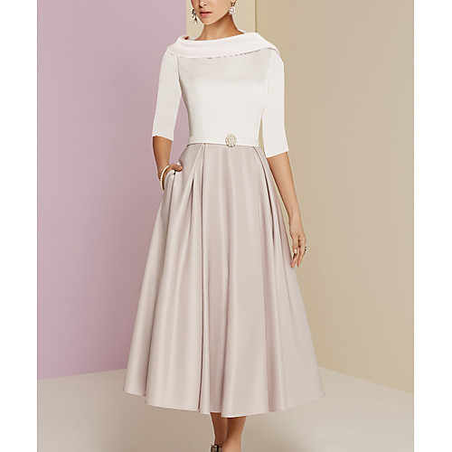 

A-Line Mother of the Bride Dress Elegant Jewel Neck Tea Length Charmeuse Half Sleeve with Pleats 2022