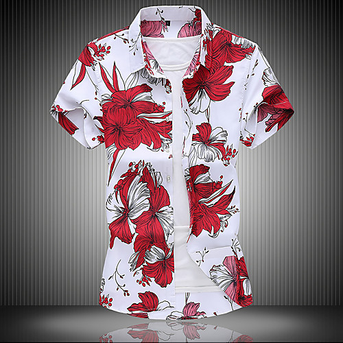 

Men's Geometric Shirt - Cotton Basic Beach Classic Collar Red / Short Sleeve