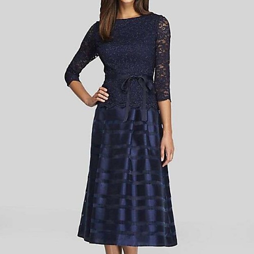 

A-Line Mother of the Bride Dress Elegant Jewel Neck Tea Length Nylon Lace 3/4 Length Sleeve with Sash / Ribbon 2021