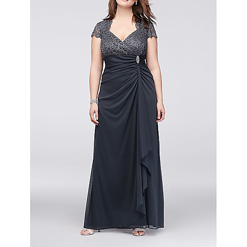 

Sheath / Column Mother of the Bride Dress Elegant V Neck Floor Length Polyester Short Sleeve with Beading Sequin 2021