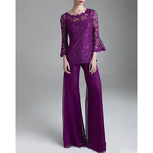 

Pantsuit / Jumpsuit Mother of the Bride Dress Elegant Jewel Neck Floor Length Lace Tulle 3/4 Length Sleeve with Appliques 2021