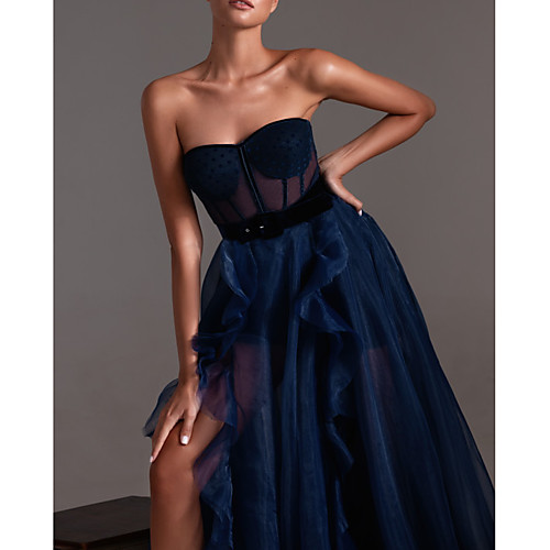 

A-Line Sexy Engagement Formal Evening Dress Sweetheart Neckline Sleeveless Court Train Tulle with Pleats Ruffles Split 2021
