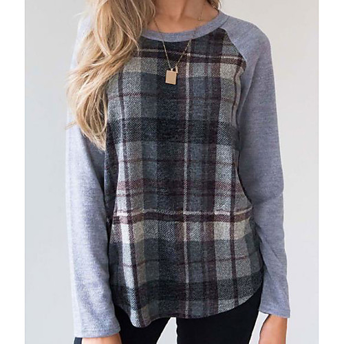 

Women's Blouse Shirt Plaid Check Long Sleeve Round Neck Tops Basic Top Purple Red Yellow