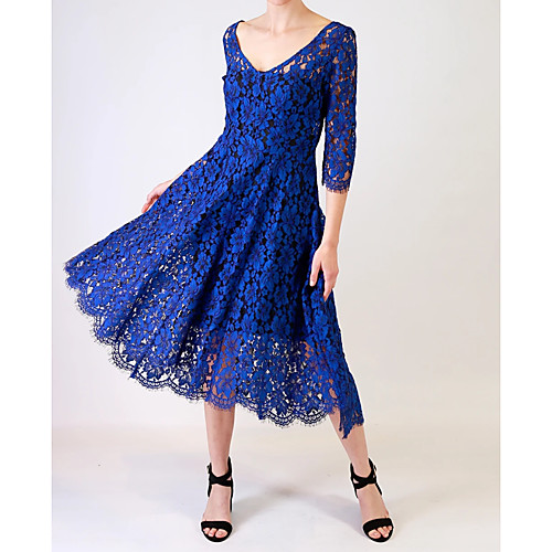 

A-Line Mother of the Bride Dress Elegant V Neck Tea Length Lace 3/4 Length Sleeve with Ruching 2021