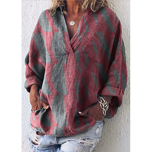 

Women's Color Block Shirt - Cotton Daily V Neck Blue / Red / Orange