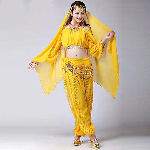 

Women's Dancer Belly Dance Masquerade Tassel Sequins Sequin Polyster Purple Yellow Fuchsia Top Pants