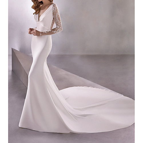 

Mermaid / Trumpet Wedding Dresses Plunging Neck Court Train Polyester Long Sleeve Country Illusion Sleeve with Lace Insert 2021
