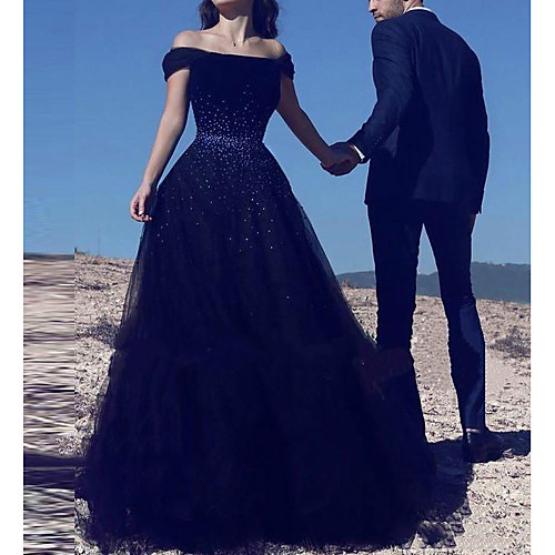 

A-Line Wedding Dresses Off Shoulder Court Train Polyester Cap Sleeve Country Plus Size Black with Crystals 2021