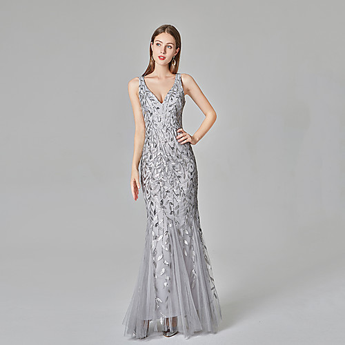 

Mermaid / Trumpet Sparkle Party Wear Formal Evening Dress V Neck Sleeveless Floor Length Tulle Sequined with Sequin Appliques 2021