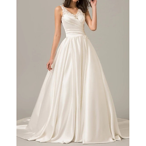 

A-Line Wedding Dresses V Neck Sweep / Brush Train Polyester Sleeveless Formal Plus Size with Draping 2021