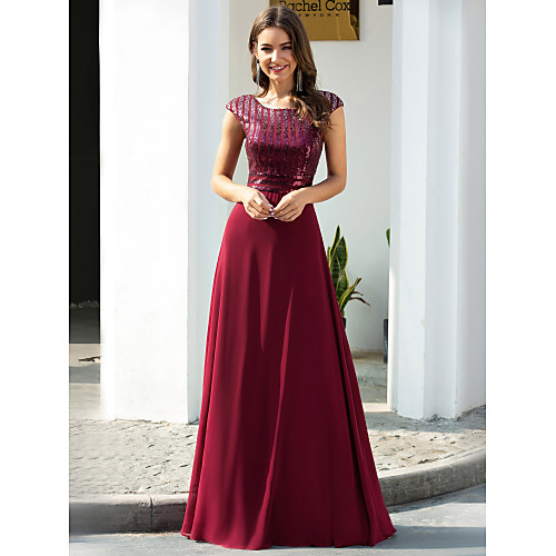 

A-Line Empire Prom Formal Evening Valentine's Day Dress Jewel Neck Short Sleeve Floor Length Chiffon with Sequin 2021