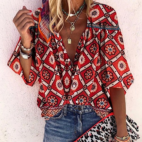 

Women's Blouse Shirt Geometric Floral V Neck Tops Puff Sleeve Loose Boho Basic Top Red