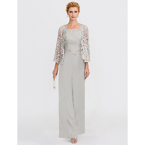 

Pantsuit / Jumpsuit Mother of the Bride Dress Elegant Square Neck Floor Length Chiffon Lace 3/4 Length Sleeve with Appliques 2021