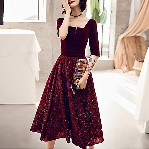 

A-Line Glittering Homecoming Cocktail Party Valentine's Day Dress Scoop Neck Half Sleeve Tea Length Velvet with Sequin 2021