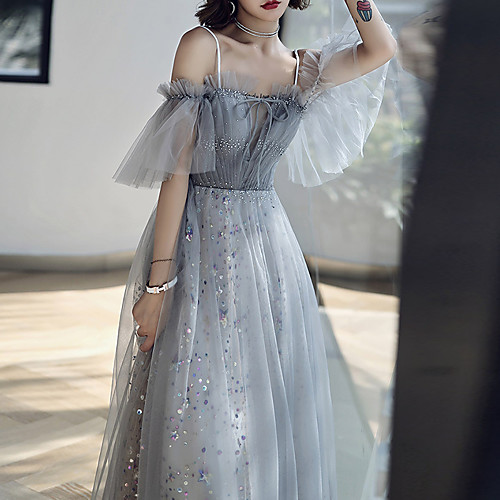 

A-Line Glittering Prom Formal Evening Dress Off Shoulder Short Sleeve Floor Length Tulle with Crystals Sequin 2021