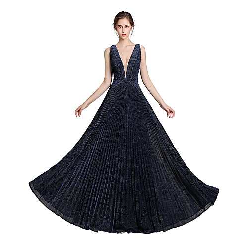 

A-Line Glittering Beautiful Back Wedding Guest Formal Evening Dress V Neck Sleeveless Floor Length Spandex with Sleek 2021