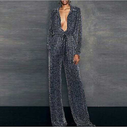 

Women's Basic Deep V Silver Jumpsuit Solid Colored