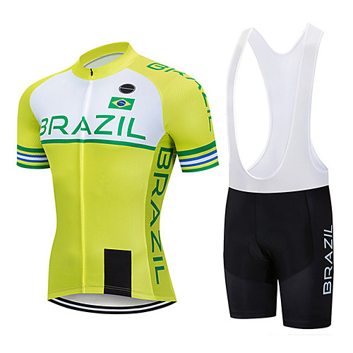 

21Grams Men's Short Sleeve Cycling Jersey with Bib Shorts Spandex Black / Yellow Brazil National Flag Bike UV Resistant Quick Dry Breathable Sports Letter & Number Mountain Bike MTB Road Bike Cycling