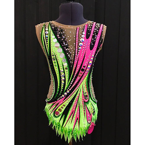 

21Grams Rhythmic Gymnastics Leotards Artistic Gymnastics Leotards Women's Girls' Leotard Green Spandex High Elasticity Breathable Handmade Jeweled Diamond Look Sleeveless Competition Dance Rhythmic