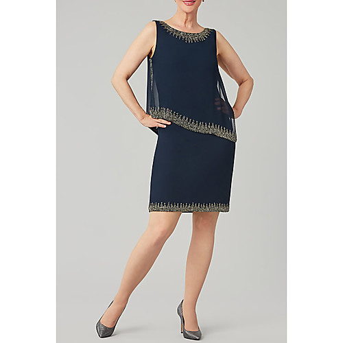 

Sheath / Column Mother of the Bride Dress Elegant Jewel Neck Knee Length Chiffon Sleeveless with Beading Sequin 2021